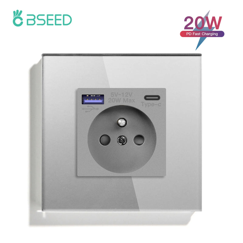 BSEED French Standard 20W Fast Charge Port Wall Power Socket Double France USB Type-C Electrical Outlets Crystal Glass Frame 16A