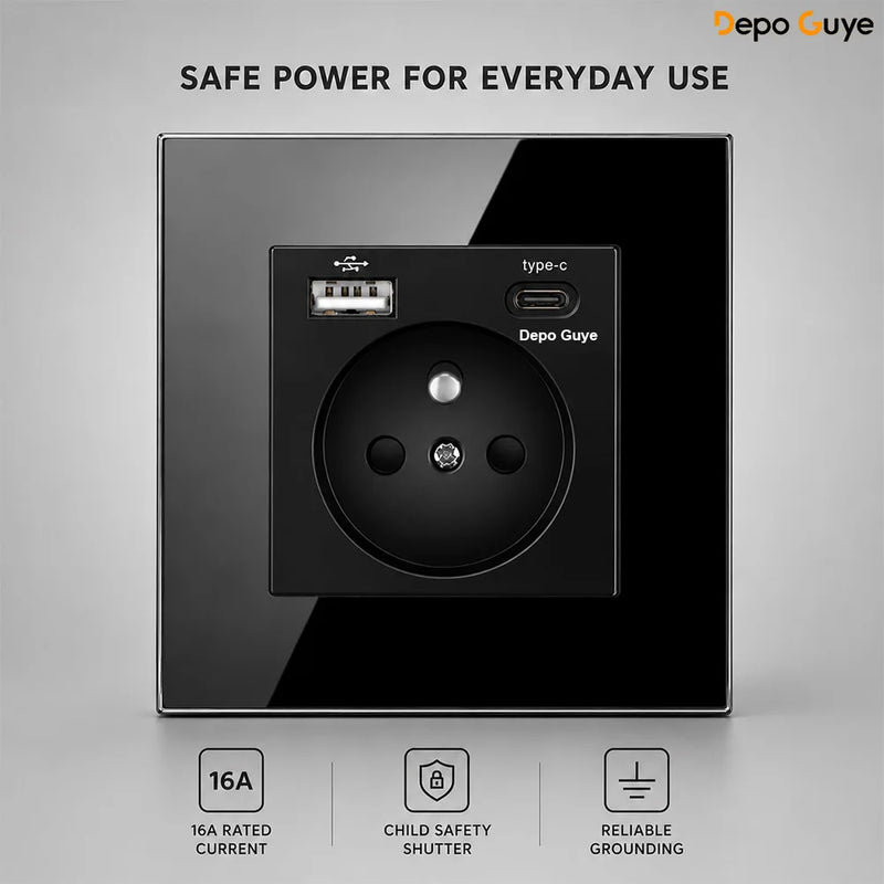 European Standard 4 Gang Wall Power Socket 16A Glass Panel with Dual USB Type-C Ports White/Black Industrial Home Hotel