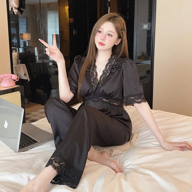 Silk Loungewear for Summer Pajamas Short Sleeve Sleepwear Women's Home Clothes 2Pcs Solid Color Homewear Suit Pijama Pyjamas