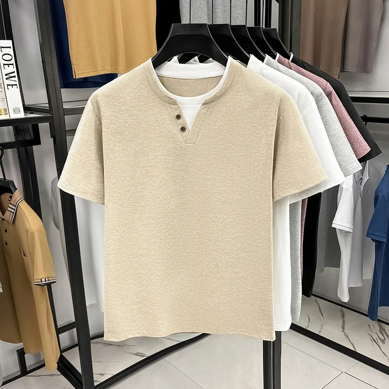 Mens Fake Two Piece Short Sleeve T Shirt Henley Neck Tops Casual Button Detail Tees For Men Daily Street Style Outfits