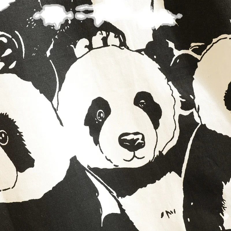2026 Men's Blue Short-sleeved Shirt, Summer Cotton Shirts, White Yellow Single Breasted Lapel Top Chemise Giant Panda Pattern
