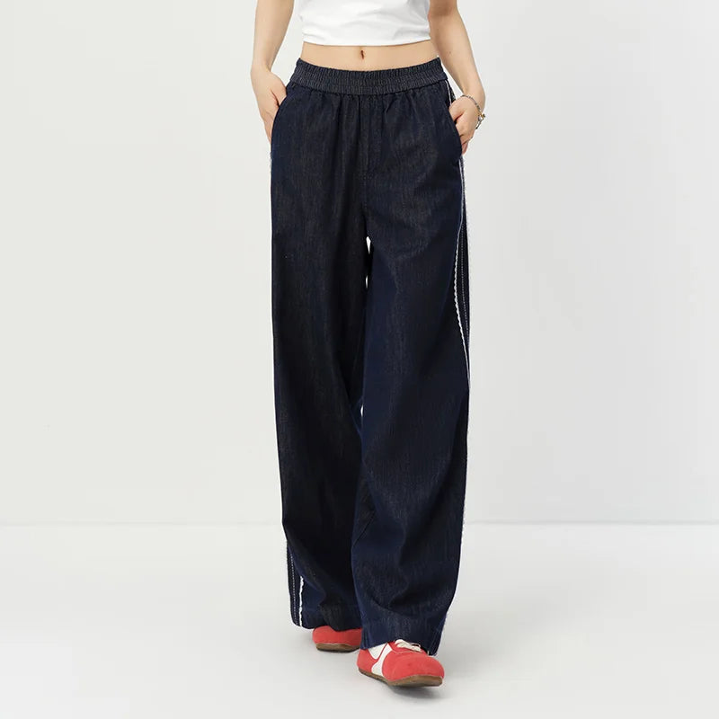 Semir Women Pants Denim Lace Trim Loose Wide Leg Lazy Temperament Floor Length 2026 Summer Fashion Casual Top