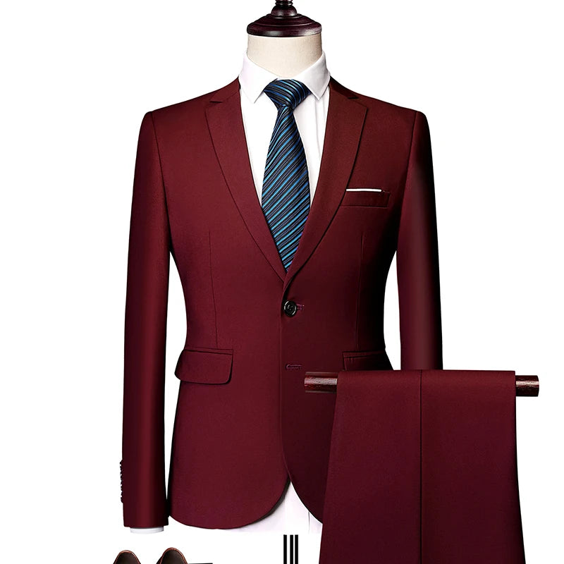 2026 New Men's 2-Piece, Dark Green Slim Fit Suit Set with Pure Color Jacket & Pants for Office/Interview/Wedding/Party/Business