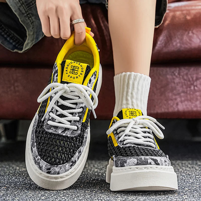 Men's mesh hollow thick-sole casual shoes summer soft-sole comfort breathable outdoor flat walking shoes youth sports board shoe