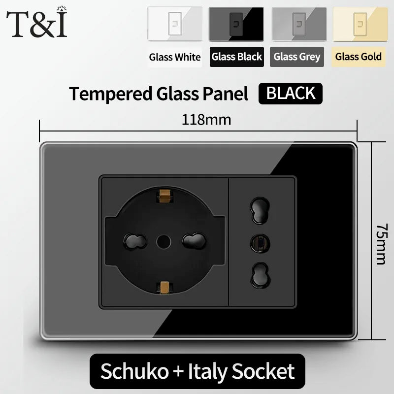 T&I Wall Switch Sockets With USB TypeC  Fast Charging, Italy Socket , Chile Schuko Outlet, Tempered Glass Panel for Home