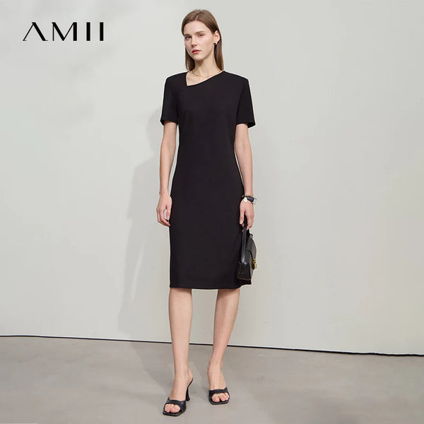 Amii Minimalist Casual Dress Women 2026 Summer New Office Lady Fitted Knit Waist Solid Color Stretch Airy Dresses 12542258