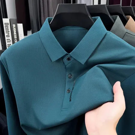 Spring Autumn Mens Lapel Polo Tops High Elastic Wrinkle Resistant Material Simple Chest Letter Print Slim Fit Menswear