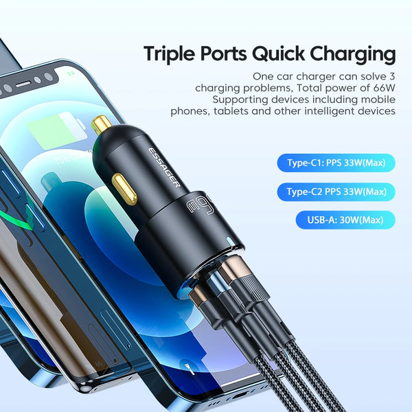 Essager 66W Car Charger Fast Charging Quick Charger QC PD 3.0 For iPhone 14 Type C USB Car Charger For Huawei Samsung