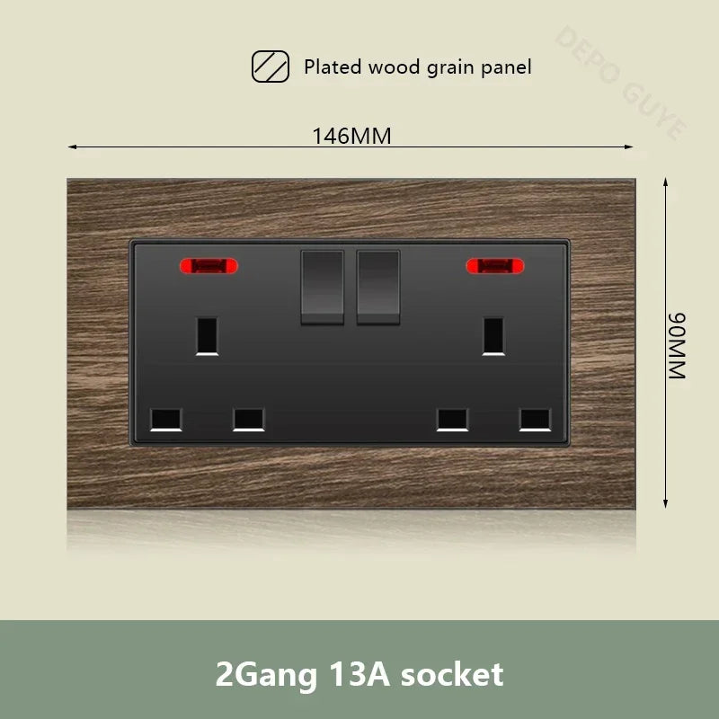 UK 18W Type-C Quick charge Dual Power Outlet,Universal Retro Wood Grain Electrical USB Socket,220V Electrical  Wall Light Switch