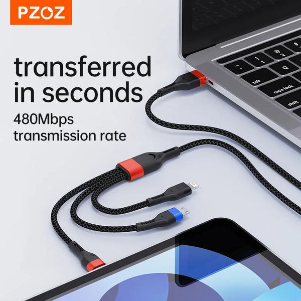 PZOZ 66W 3 in 1 USB Type C Cable Super Fast Charging Micro USB C Cable For iPhone14 Pro Samsung Xiaomi Huawei Phone Cord Charger