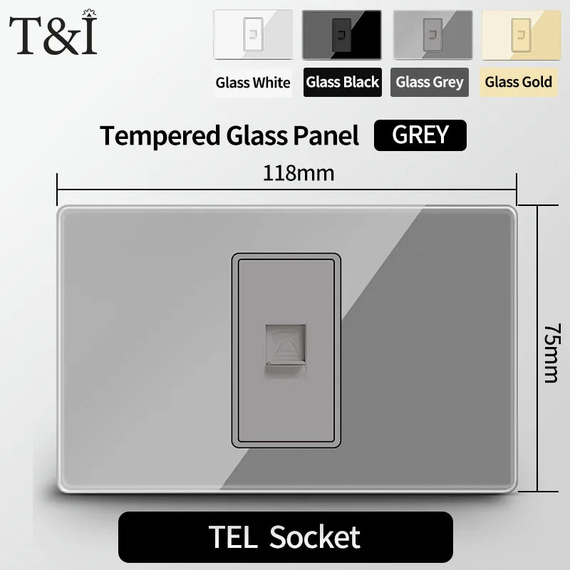 T&I Wall Switch Sockets With USB TypeC  Fast Charging, Italy Socket , Chile Schuko Outlet, Tempered Glass Panel for Home
