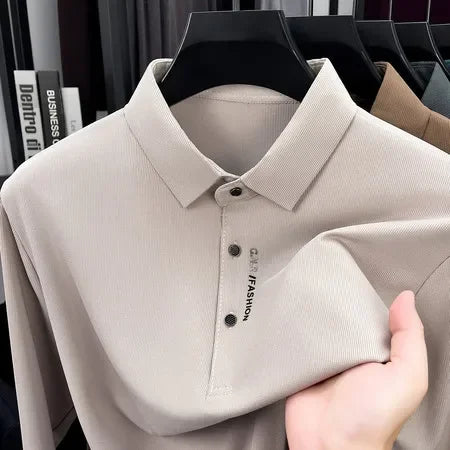 Spring Autumn Mens Lapel Polo Tops High Elastic Wrinkle Resistant Material Simple Chest Letter Print Slim Fit Menswear