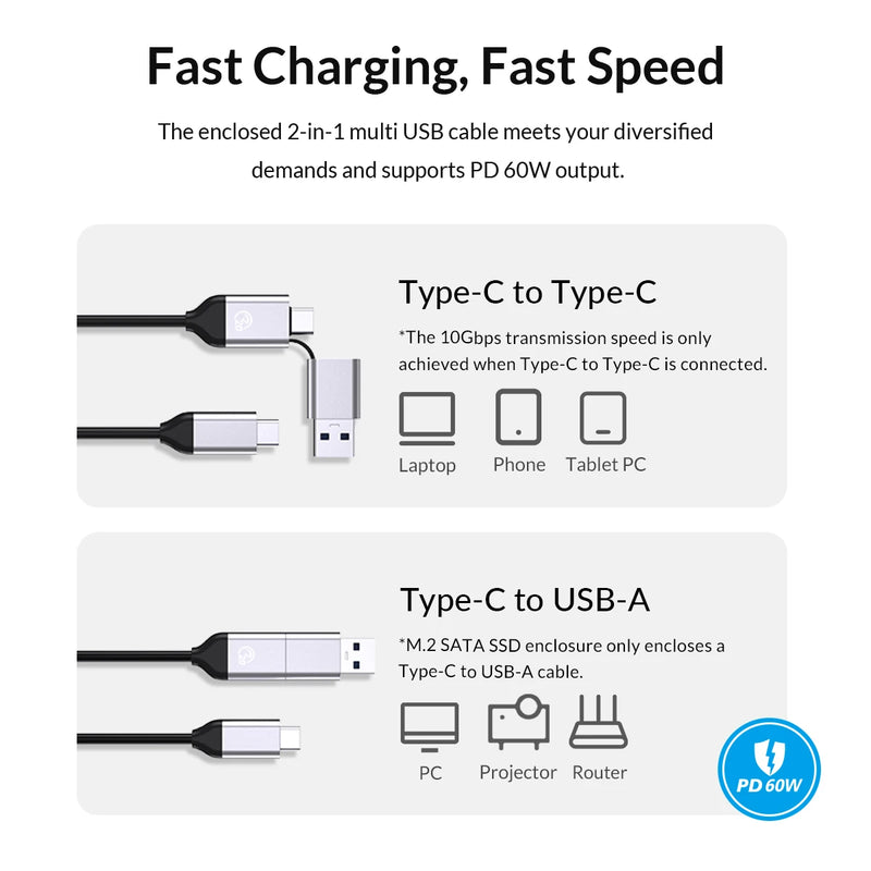 ORICO-Dual-Bay Docking Station, Type-C, 5Gbps, 2.5 ", 3.5" HDD, SSD, 12V, 3A Power, UASP Container Design 10Gbps type-c cable