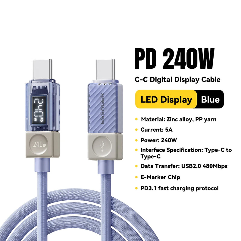 Essager 240W Type C to Type C Cable PD3.1 Digital Display Fast Charging USB C Cable for Macbook iPhone 17 16 15 Samsung Xiaomi