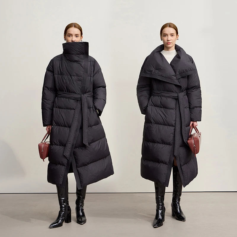 Amii Down Coats 2026 Winter New Office Lady With Belt Warm Versatile Outerwear Solid Loose Down Jacket Women Long Top 12524055