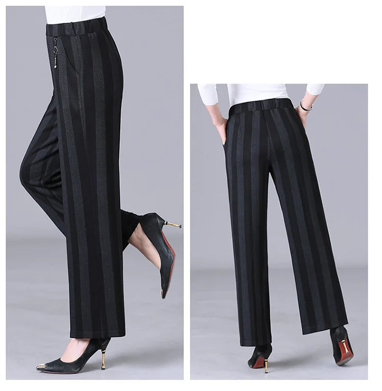 Women's High-waisted Wide-leg Pants for Spring and Fall—stylish, Casual Striped Trousers.