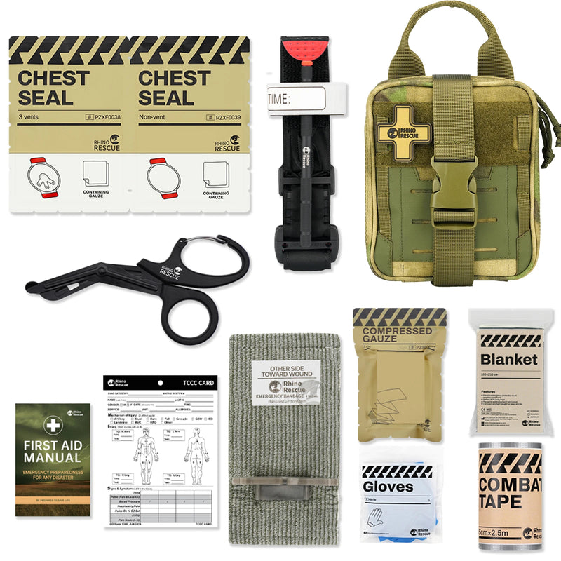 RHINO RESCUE EDC IFAK Survival Trauma Kit Molle Tactical Pouch With Metal Tourniquets,Bandage,Chest Seal For Camping Hiking Bag
