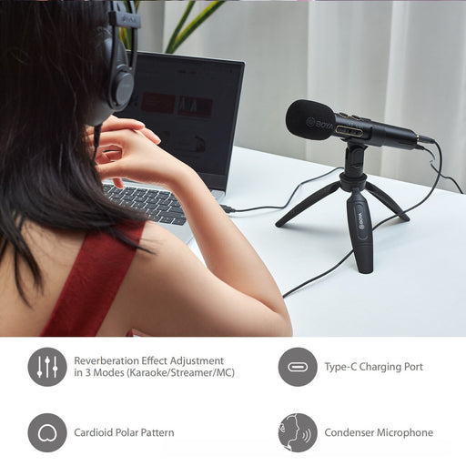 BOYA BY-EM20 Live Streaming Singing Handheld Microphone With Mini-Tripod Mic Holder for Android Smartphone Laptop PC Computer