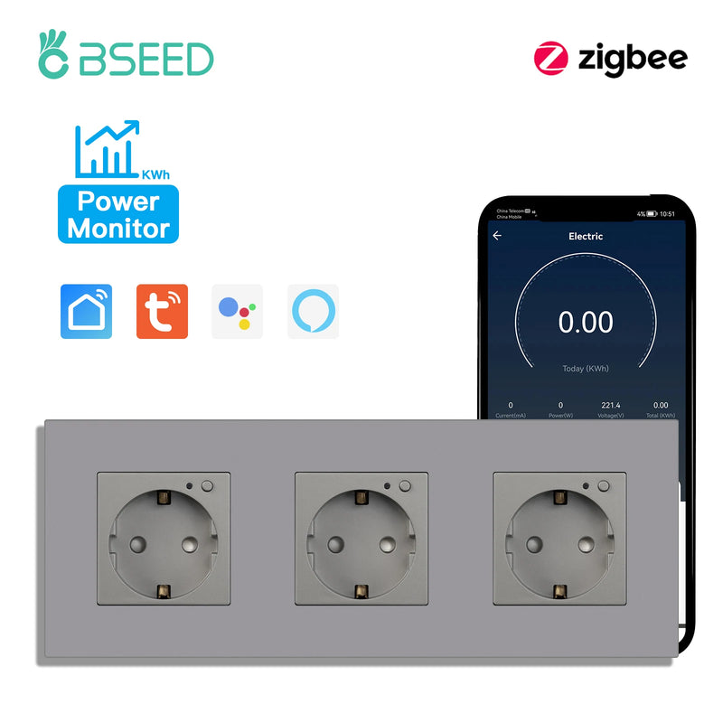 BSEED EU Standard Zigbee Wall Socket Smart Power Monitor Socket 220V 16A Plastic Panel Tuya Alexa Google Smart Life Control