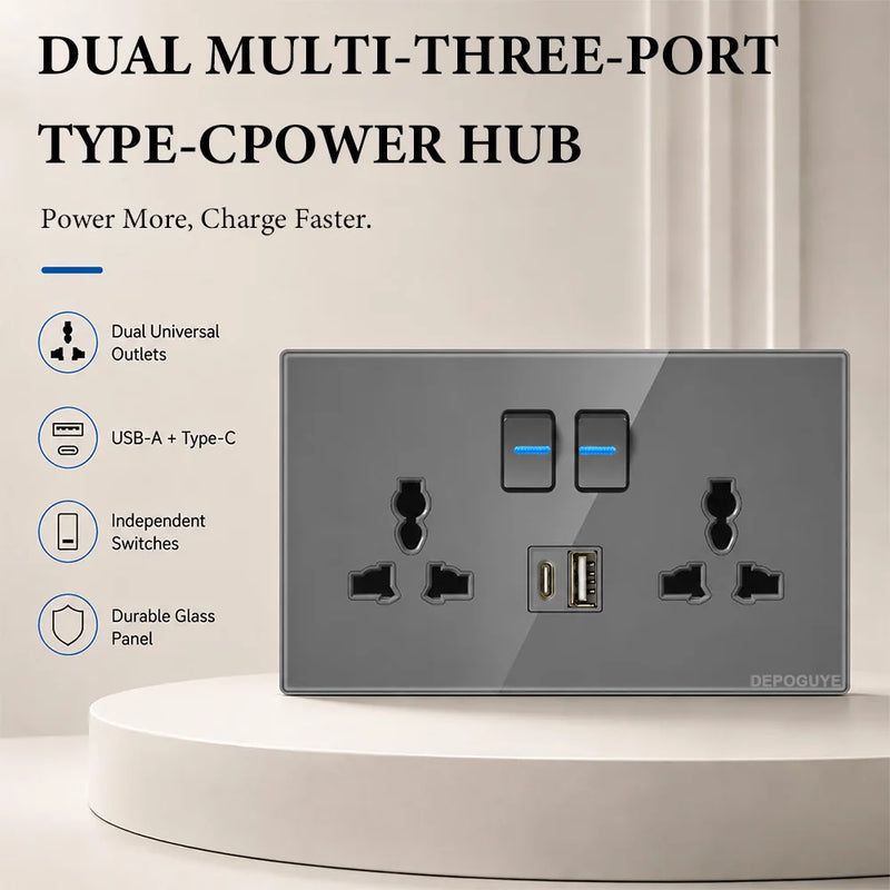 Grey Tempered Glass UK Standard 13A Wall Switch Socket with LED USB Type-C TV CAT6 Data Outlet British Electrical Wall Panel