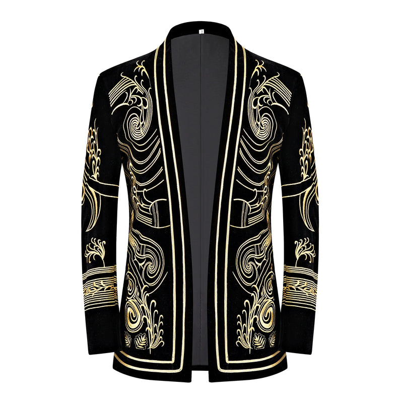 Spring Men's Black Performance Suit Jacket, Gold Embroidered Formal Outerwear, Corduroy Fabric Top, Asian Sizes Blazers, M-5XL.