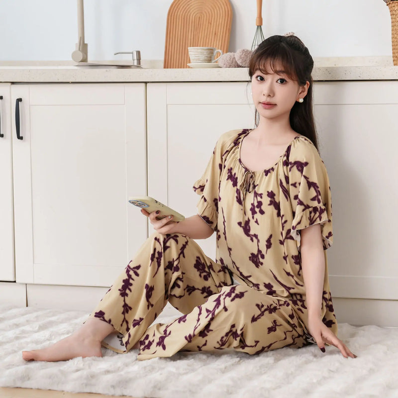 Thin Summer Wear Short Sleeve Home Suit For Women Pajamas Ladies Two-piece Set Pyjama Femmes Floral 2PCS Women's Pajamas Set