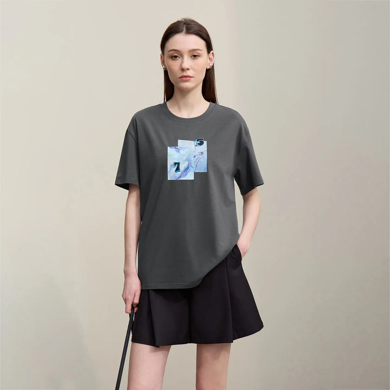 Amii Women's Tee Shirt 2026 Summer New Round Neck Drop Shoulder Short Sleeve Cotton Tee Embroidered Loose Top Women 12642114