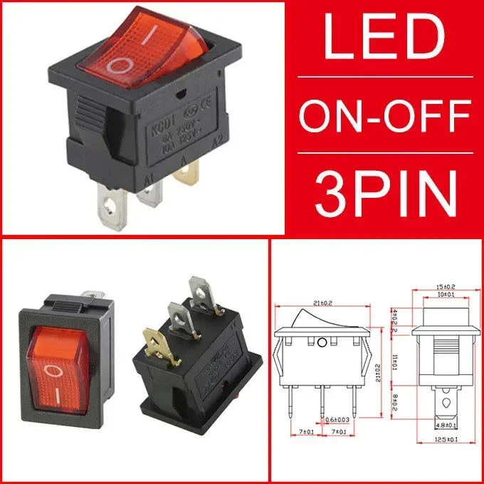 កុងតាក់រ៉កឃ័រ KCD1 ចំនួន 30 ដុំ – កុងតាក់បើក-បិទថាមពលទូក និងរថយន្ត 2/3/4 ម្ជុល, 6A/250V 10A/125V AC, ខ្មៅ/ក្រហម/បៃតង, ម៉ោនបន្ទះ 15x21mm