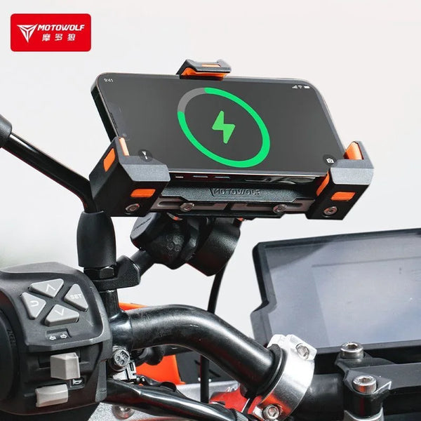 ជើងទ្រទូរសព្ទម៉ូតូ Motowolf រាងត្រីកោណ ដែលអាចស្រូបយកឆក់បាន ជើងទ្រសាកថ្មឥតខ្សែ USB សម្រាប់ម៉ូតូ