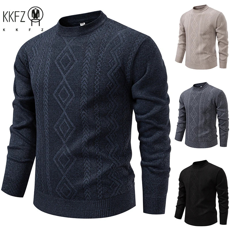 Wind Resistant Men Knitted Sweater Stretch Rib Hem Vertical Twist Jacquard Fleece Lined Office Daily Long Sleeve Top