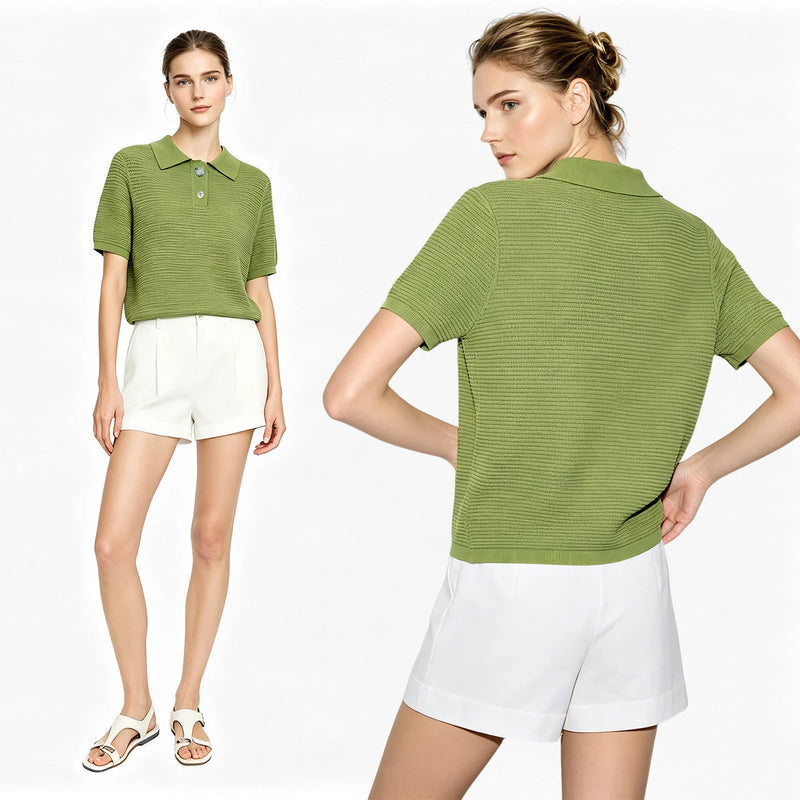 Amii Women's Knit Top 2026 Summer New Lapel Collar Half Placket Loose Sweater Casual Short Cropped Pullover For Women 12642134