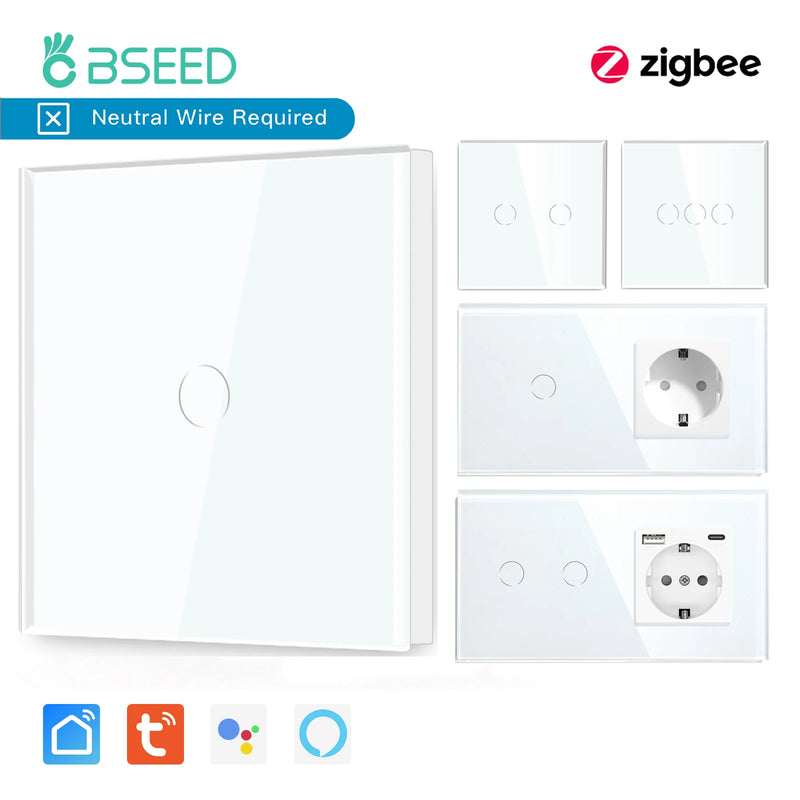 BSEED Tuya Zigbee Smart Switch 1/2/3Gang 1/2/3Way No Neutral Wall Touch Switch Smart Home Control EU Power Socket Without Wifi