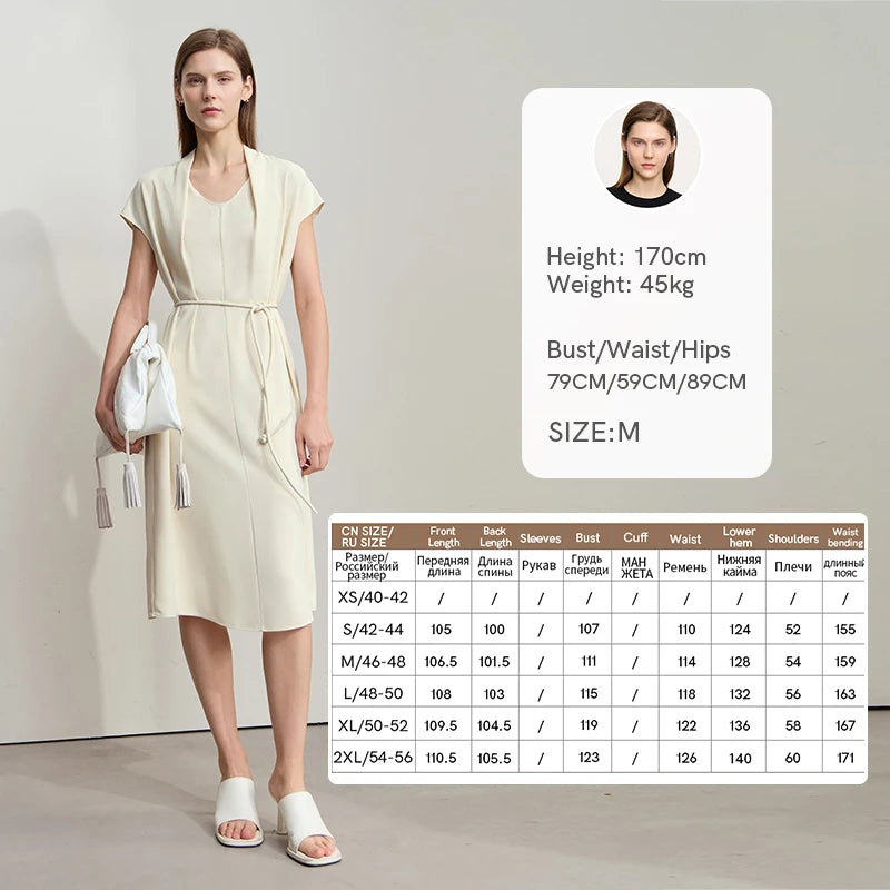 រ៉ូប AMII Minimalist Office Lady រាងផ្នត់ រដូវក្តៅ ឆ្នាំ២០២៥ ចង្កេះរលុង អាវក្រណាត់ Chiffon សម្រាប់នារី ដៃអាវធម្មតា ពណ៌ស រ៉ូប Midi 12522140