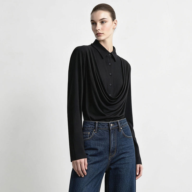 Amii Women's Faux Layered Long Sleeve T-Shirt Stretch Lapel Collar Slim Fit Casual Business Top for Women  Autumn 12613016
