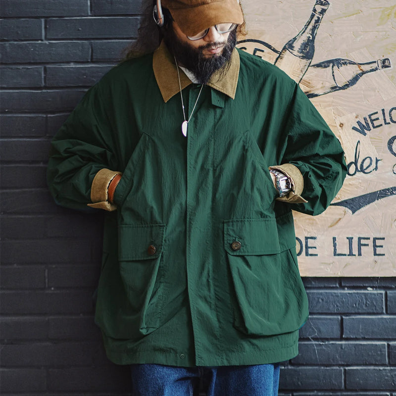 Maden Men's Retro Multi-pocket Safari Jacket Green Loose Corduroy Lapel Classic Coat Versatile Outerwear for Spring and Autumn