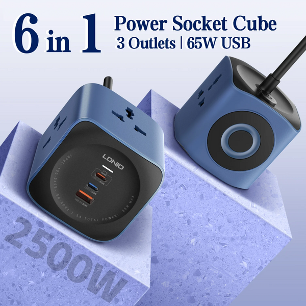 រន្ធដោតភ្លើង LDNIO Power Strip Cube 3 មានរន្ធ USB ចំនួន 3 65W ការពារចរន្តអគ្គិសនី 2500W ប្រវែង 2 ម៉ែត្រ រន្ធដោតបន្ថែម UK/EU/US