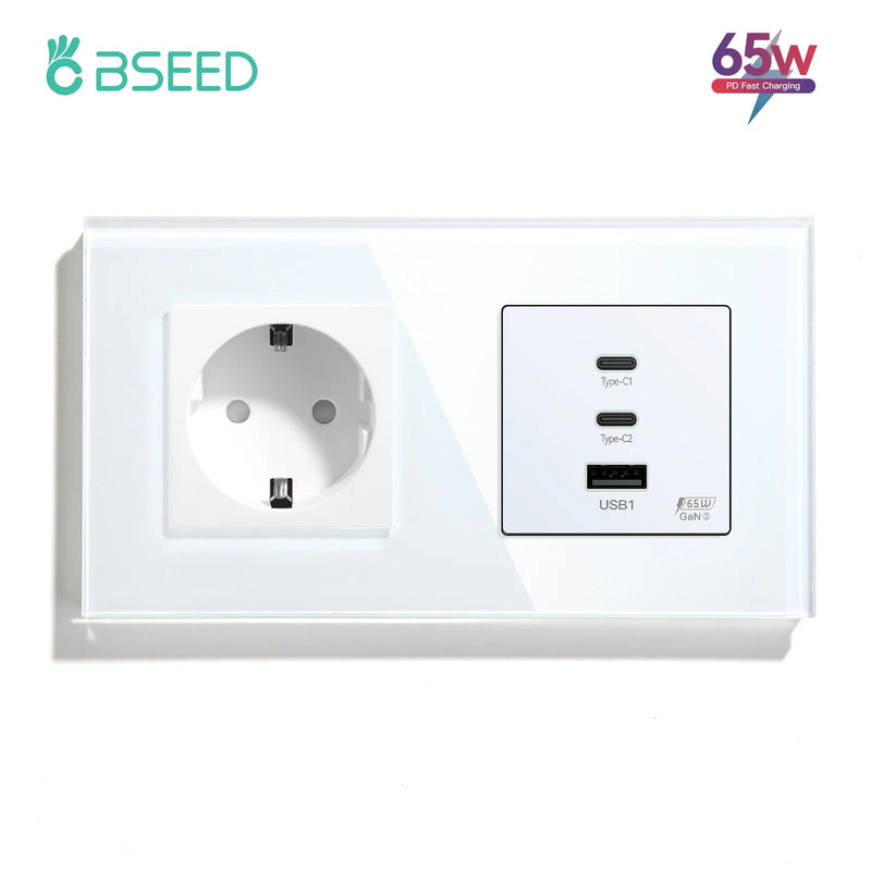 BSEED GaN3 Universal Socket 65W PD Fast Charge Port USB Type-C Quick Charge With Wall Power Socket Glass Panel 100V-240V