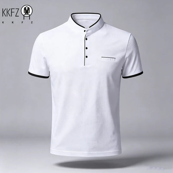 Men Regular Fit Short Sleeve Polo Shirt Stand Collar Chest Pocket For Office Business Look And City Street Daily Wear