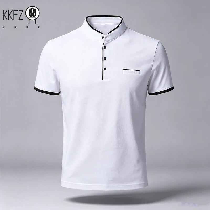 Men Regular Fit Short Sleeve Polo Shirt Stand Collar Chest Pocket For Office Business Look And City Street Daily Wear