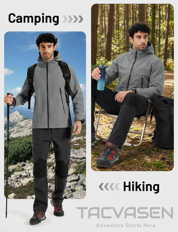 TACVASEN Autumn And Winter Men's Softshell Hooded Waterproof Fleece Lightweight Jacket Windproof Coat With 2 Pockets For Hiking