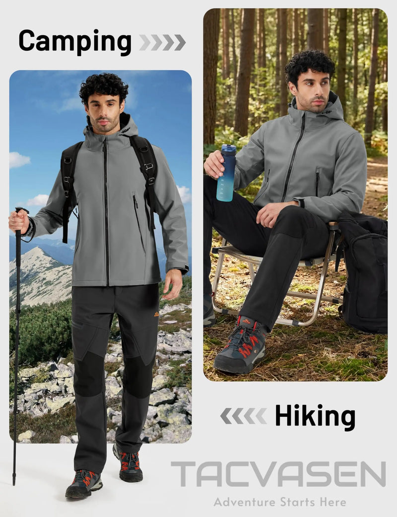 TACVASEN Autumn And Winter Men's Softshell Hooded Waterproof Fleece Lightweight Jacket Windproof Coat With 2 Pockets For Hiking