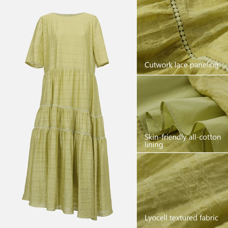 Amii Long Dresses 2026 Summer New Round Neck Mid Sleeve Tiered Skirt Casual Loose Fit Asymmetric Hem Dress For Women 12642118