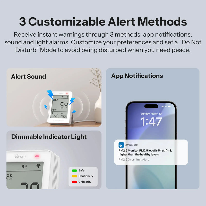 SONOFF AirGuard PM2.5/PM10 Matter Over Wifi Air Quality Monitor SAWF-07P 2-Second Updates Sound Light Alarm Temperature Humidity