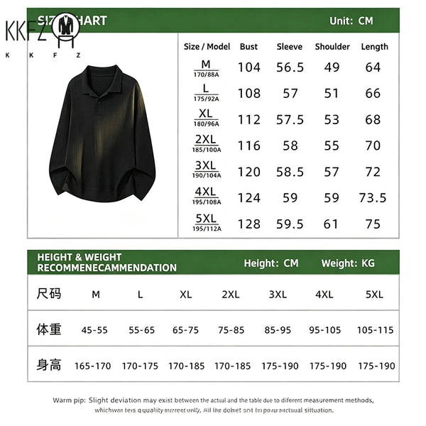 Mens Long Sleeve Lapel Collar Polo Shirt Waffle Knit Soft Fabric Loose Curved Hem Casual Top For Autumn