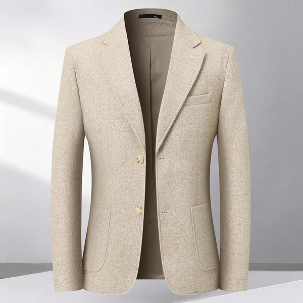 New Spring 2027 Men's Long-Sleeve Blazer—a Slim-fit Jacket in Herringbone Fabric, Available in Gray, Apricot, and Khaki.