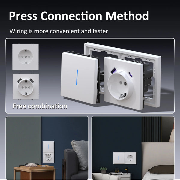 ប៊ូតុងបិទជញ្ជាំង BSEED 1/2Gang USB Type-C ម៉ូឌុលរន្ធដោតជញ្ជាំងផ្នែកទូរទស្សន៍អ៊ីនធឺណិតរន្ធទូរស័ព្ទស៊ុមប្លាស្ទិកមុខងារ DIY ផ្នែក