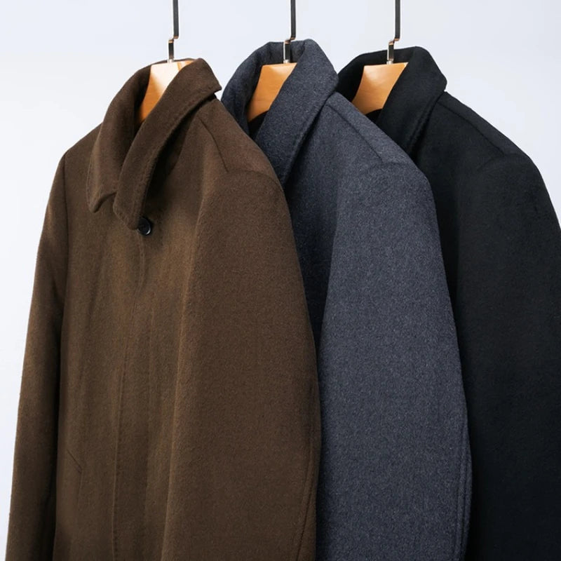 Men's Long Wool Overcoat, 52.3% Wool Light Luxury, Slim Fit, Coffee Brown Gray Black Business Fashion