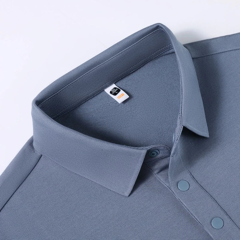 Men's Wool Blend Long Sleeve Polo - Light Blue (White/Black/Olive Green) Wool & Mulberry Silk Breathable Comfort Fit