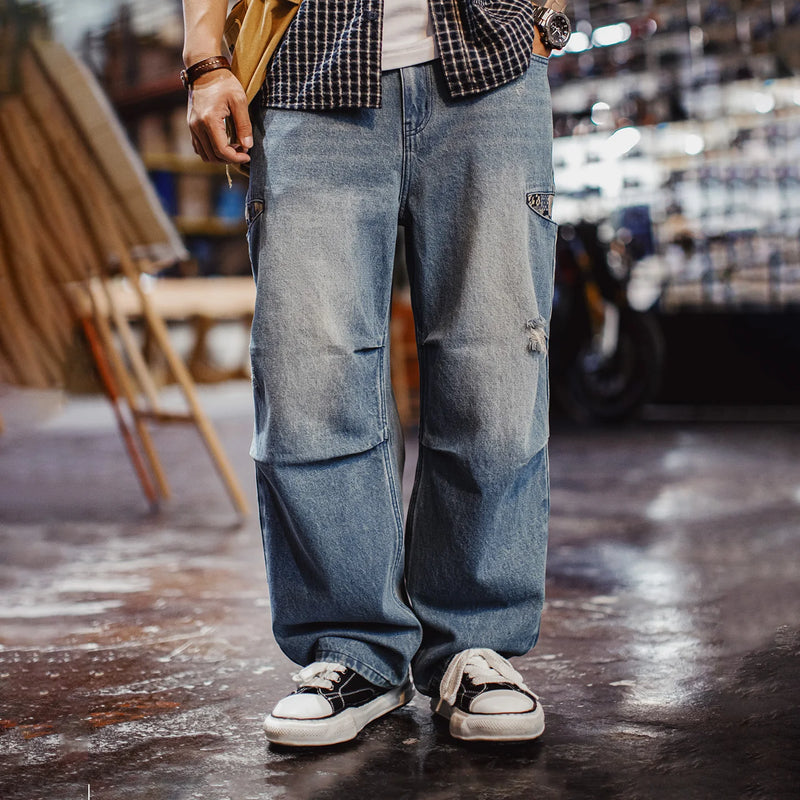 Maden Men‘s Vintage Boro Patchwork Parachute Jeans Ripped Distressed Wide Leg Denim Pants Loose Fit Heavyweight Casual Trousers