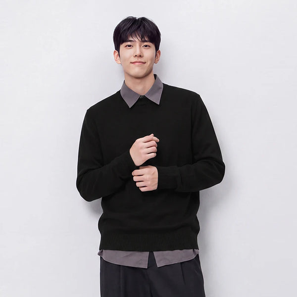 អាវយឺតបុរស Semir រោមចៀម Merino កមូល ទន់ ក្តៅ រដូវរងា ពណ៌រឹង ស្រួល ធម្មតា ប៉ាក់ស្រទាប់មូលដ្ឋាន